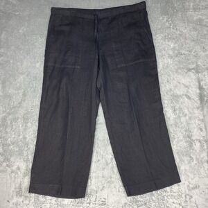 120% Lino Pants Womens Sz XL 48 Black Wide Leg Ankle Linen Pull On Made In Italy
